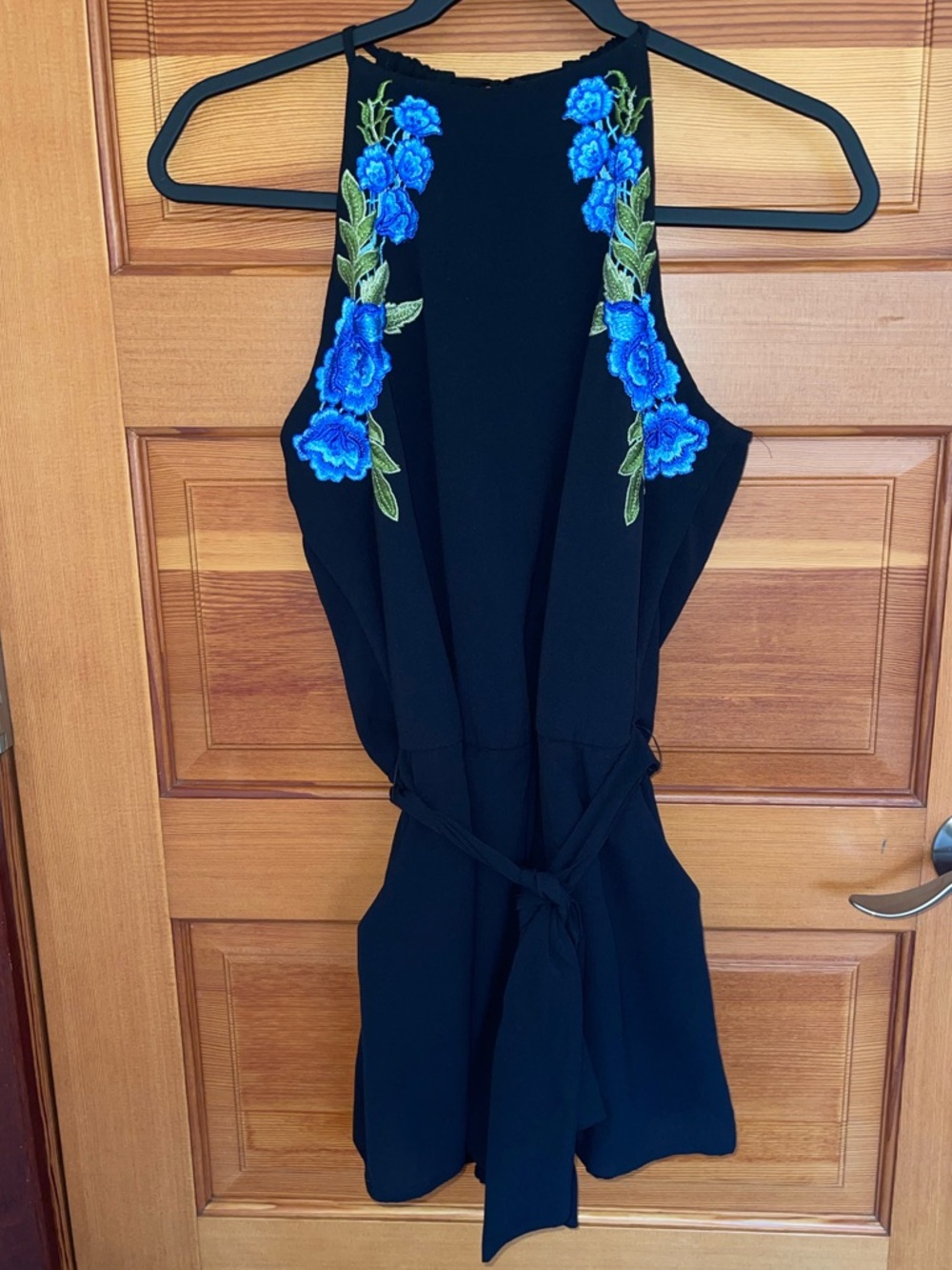 B Darlin Black Halter Romper with Blue Floral Embroidery